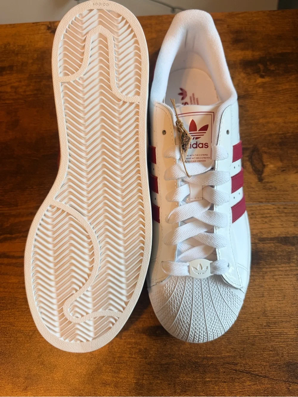Adidas Men’s Superstar Leather Sneaker - White with Red Stripes 11M
